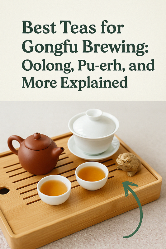 Gongfu brewing setup with oolong, pu-erh, and white tea leaves displayed next to a gaiwan, tea cups, and bamboo tea tray