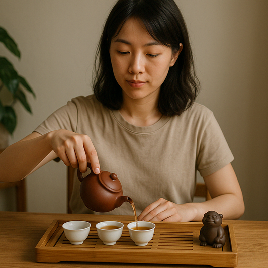 A serene Gongfu tea ritual with a clay teapot, small cups, and tea pet arranged on a wooden tray in soft natural light