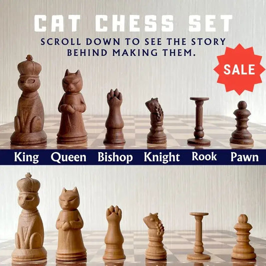 Handcarved Wooden Cat  Chess set