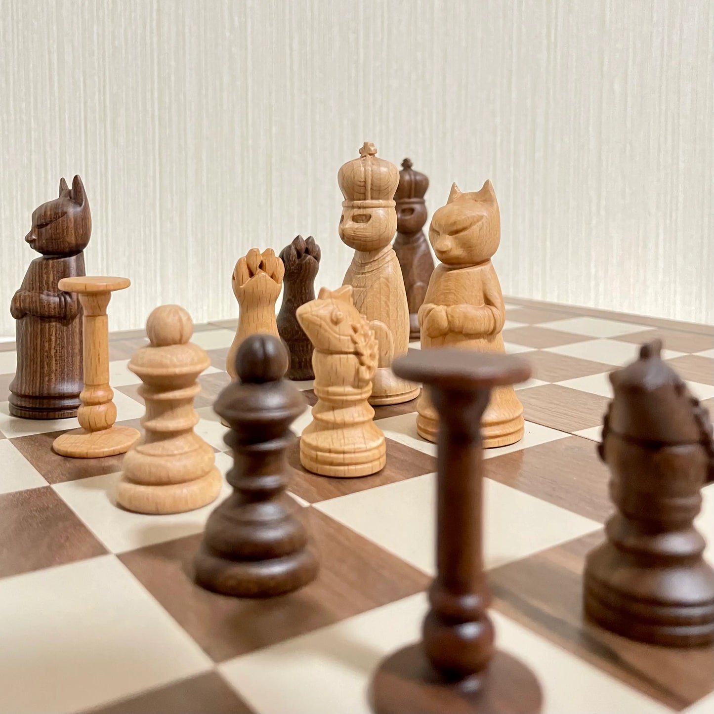 Handcarved Wooden Cat  Chess set